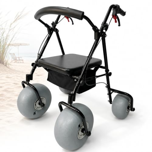 Vhewq Strandrullstol med ballongdäck, strandrullator för sand, vikbar, saltvattenbeständig/korrosionsbeständig, höghållfast kolstålram, för strand, gräs, grus och vattentillgång
