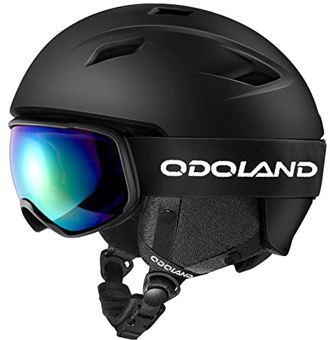 Odoland Skihelm und Skibrille Set Snowboardhelm mit Snowboardbrille für Erwachsene, Schneebrille UV 400 Schutz Windwiderstand Snowboard Brille zum Skifahren Bergsteigen Schwarz M