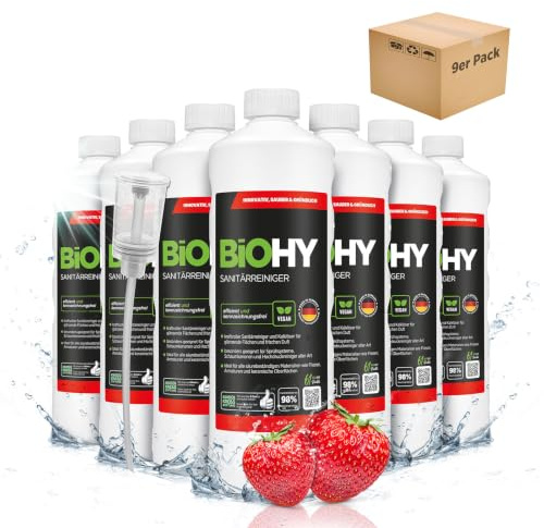 BiOHY Sanitetsrengörare (9 x 1l flaska) + doser | Kalknedbrytande koncentrat för sanitetsområdet | Badrumsrengöring med en behaglig och fräsch doft | EXTRA STARK (Sanitärreiniger)