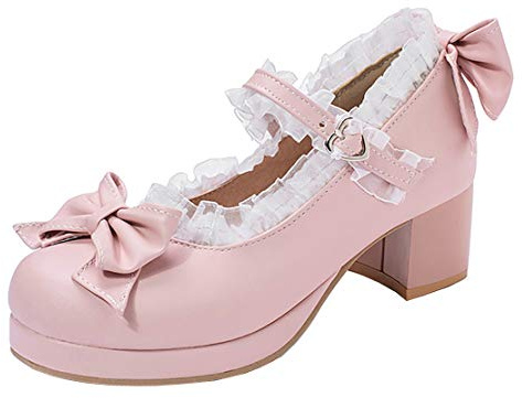 Birdsight Mary Jane Escarpins Femme Talon Bloc Bout Rond Bride Cheville Cosplay avec Noeud Boucle Dentelle Sweet(Rose 39)