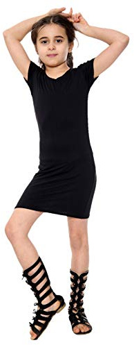 Aelstores Bodycon klänning midi enkla långa klänningar stretch rund hals kortärmad outfit 5-14 år, Svart, 11-12 År