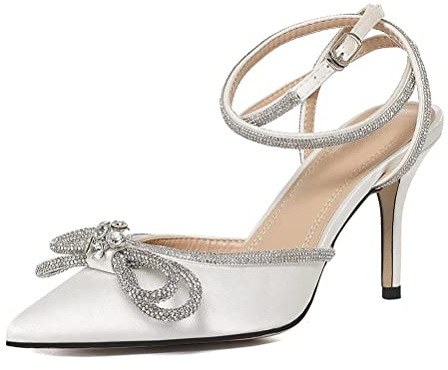Minetom Sandali da Donna Strass Bowknot Tacco A Spillo Alto Cinturino alla Caviglia Scarpe A Punta per Feste di Matrimonio High Heels A Bianco 38 EU