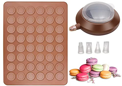 BLUESEABUY Set Macaron: Tappetino in Silicone per 48 Macaron, Stampo Antiaderente con Penna Decorativa e 4 Ugelli