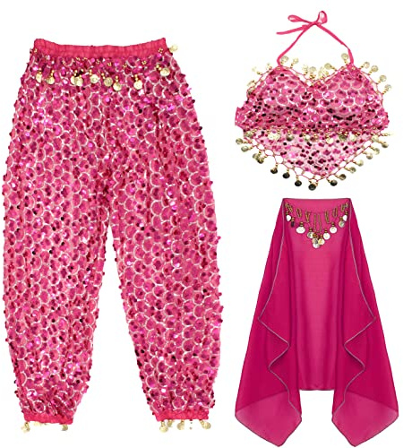 Carnavalife 3Pcs Mujeres Danza del Vientre, Ropa India Lentejuelas para Disfraz de Princesa, Conjunto de Bailando Top Pantalones de Linterna y Cadena de la Cabeza (ZP138FUCSIA)