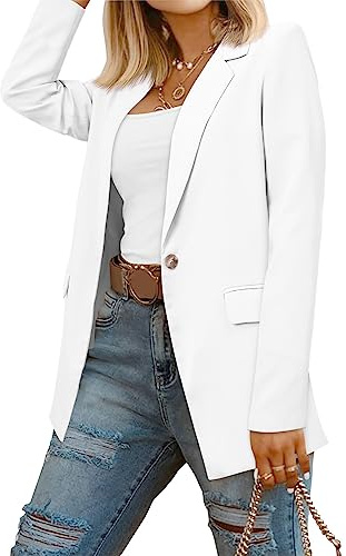 CRAZY GRID Women Business Casual Blazer Work Professional Fit Lapel Suit Jacket Ladies Buttons Long Sleeve Office Blazer Jacket M White