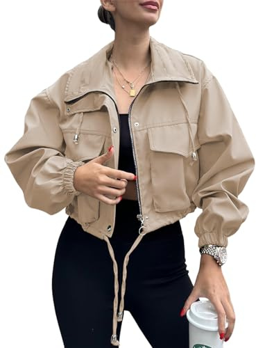 Tankaneo Womens Cropped Jacket Zip Up Lightweight Oversized Utility Anorak Coat with Pockets