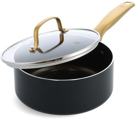 Blue Diamond Gold Diamantbeschichtete Keramische Antihaft-Kochtopf 18 cm/ 1,9 Liter mit Glasdeckel, PFAS-frei, Induktionsgeeignet, Spülmaschinenfest, Backofenfest, Goldgriff, Schwarz