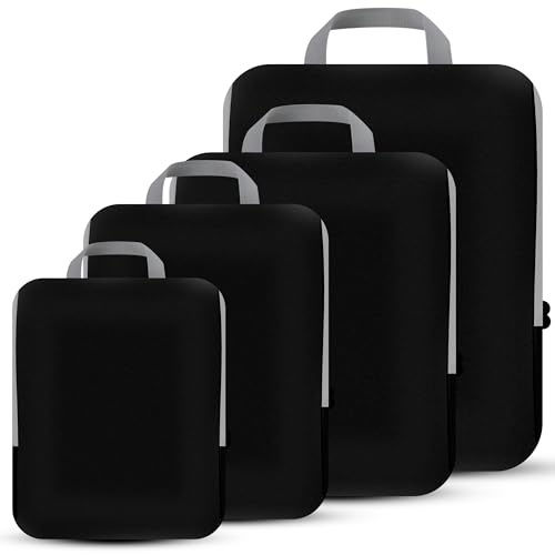 PANDA JOYS Juego de 4 cubos de embalaje de compresión de viaje, accesorios de viaje, organizadores de embalaje expandibles para llevar en el equipaje de mano, bolsas de equipaje esenciales, Negro