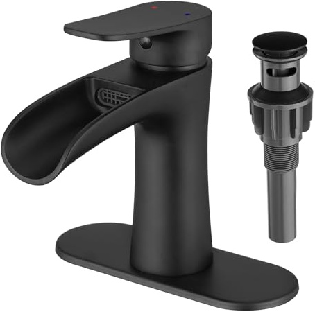 VOTON Waterfall Bathroom Faucet, Matte Black Modern Single Handle Bathroom Faucets for 1 or 3 Hole Bathroom Sink Faucet Mixer Tap Washbasin Faucet with Deck and Pop-up Drain