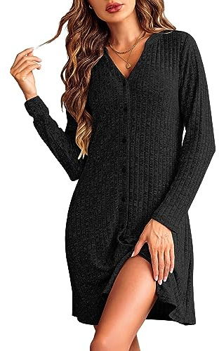 Ekouaer Camicie da Notte da Donna Manica Lunga Scollo a V Camicia da Notte Invernale Pigiama Comodo Ampio Tinta Unita Abbigliamentoda Casa