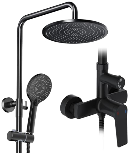 Rainsworth Duschsystem mit Armatur Schwarz, Regendusche mit Armatur aus Messing, 25 cm Regendusche, 3 Strahlarten Duschkopf, Duscharmatur Komplettset, Duschset