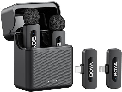 BOYA BY-V3 Combo Microphone Wireless for iPhone, Android, Mini Microphone, 36h Use, Each TX 9h, Noise Cancelling, Portable USB-C Lavalier Mic Mute, 360° Clip on wireless Lapel Mic for Video Recroding
