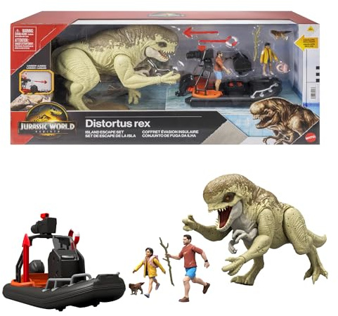 Mattel Jurassic World Rebirth Storypack, Vehicle with Dinosaur & Human Figures, Movie Raft & Distortus Rex & Delgado, Isabella & Aquilops, Island Escape, JGB55