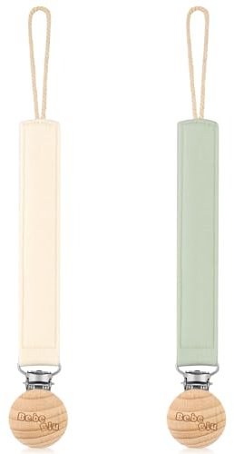 BebeBiu Schnullerkette, 2er-Pack Schnullerband aus Stoff, Extra Weich Stoffband mit Holzclip, Schnullerkette Junge, Schnullerkette Mädchen, Schnullerclip für Neugeborene (Cream/Sage)
