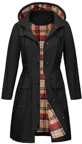 heekpek Womens Waterproof Jackets with Hood Long Rain Coats Lightweight Outdoor Softshell Jacket Windbreaker Trench Coat for Spring Autumn, Black, XXL