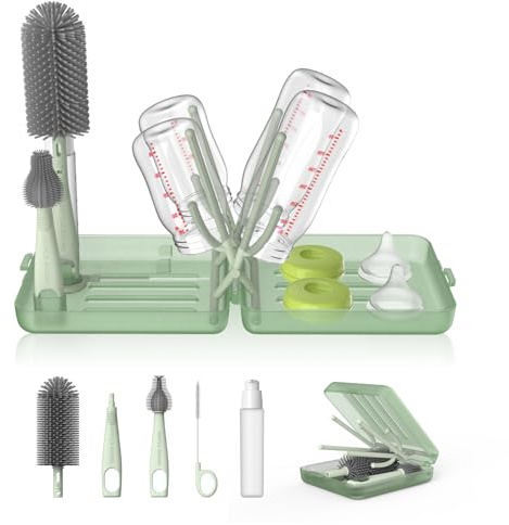 YOTIME Set Goupillon Biberon Voyage avec Egouttoir Pliable, Support à Ouverture Automatique & Fentes de Séchage Verticales, 3 Brosses + Distributeur, Essentiels Bébé Voyage, Vert Clair