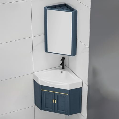 YUGXTH Eckwaschbecken, Eckwaschbecken Zur Wandmontage, Aufsatzwaschbecken mit Spiegelschrank, Hängewaschbecken mit Waschtischunterschrank, Keramik Waschbecken für Kleine Räume(56cm/22in)