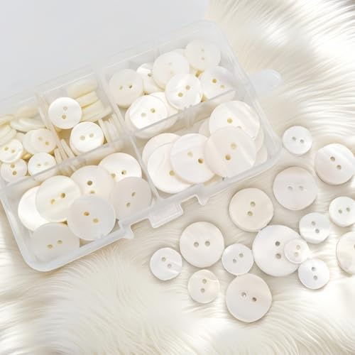 100pcs Mother of Pearl Buttons with Natural Sheen (10/12.5/15/18/20mm Assorted Sizes) - Shell Buttons for Shirts, Knitwear & DIY Crafts (White)
