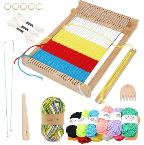 WanderGo Cadre à tisser en bois pour enfants à partir de 4 ans à 12 ans - 29 x 19 cm - Kit de métier à tisser en bois avec accessoires et laine colorée - Amusant pour débutants à l'école primaire