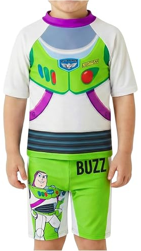 Get Trend Disney Toy Story Costume Piscina Bambino Set, Due Pezzi Buzz Lightyear Costumi da Bagno con Rashguard Vest e Pantaloncini (5-6 Anni, Bianco/Verde Buzz)