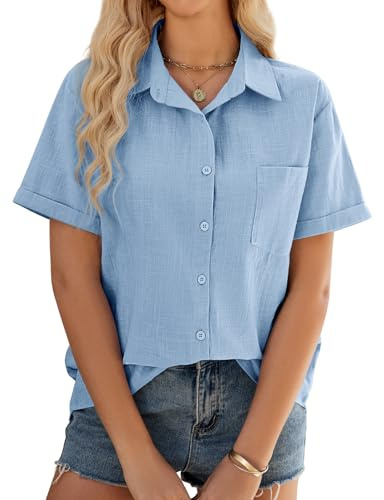 UMIPUBO Camicia Donna Estiva Camicetta Manica Corta Cotone da Donna Elegante Blusa Scollo V Casual Bottone Camicie Maglietta Versatile Top Tinta Unita Shirt Classico (Blu, S)