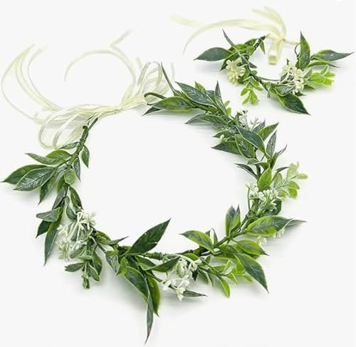 LOLANIUT Set di ghirlanda di fiori con braccialetto, costume da donna per matrimonio e feste, foglie verdi, corona per capelli da sposa, fata della foresta, elfo, corona di fiori per carnevale cosplay