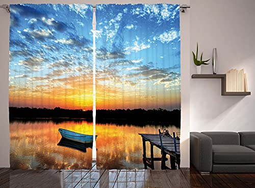 Ambesonne Nautical Curtains, Little Fishing Boat on Pond Tranquil Sunrise Water Reflection Picture, Living Room Bedroom Window Drapes 2 Panel Set, 108 X 84, Sky Blue