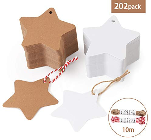200stk. Herz Kraftpapier Anhänger Etiketten Stern Geschenkanhänger und Jute Schnur 20M für Hochzeit Geschenke zum Basteln (Stern Kraftpapier Anhänger)