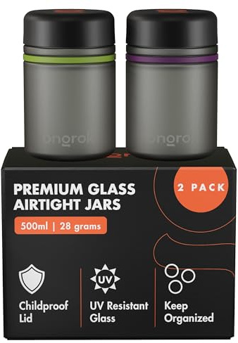 ONGROK Glass Storage Jar, 500ml, 2 Pack, Color-Coded Airtight Glass Containers, UV Herb Jar to with Child Resistant Lid, Perfect Size Jar to Store in a Drawer or Cupboard