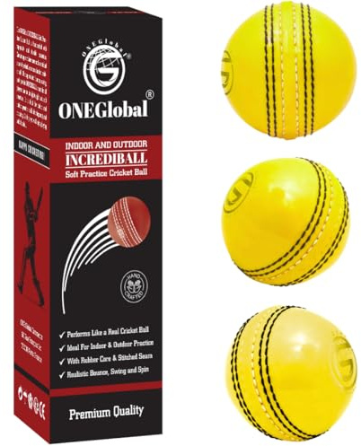 ONEGlobal Cricket Ball for Practice | Palla da Cricket Pratica in Gomma Morbida e Sicura | Cuciture Reali e Nucleo Morbido per Rimbalzo e Oscillazione | Ideale per Allenamenti e Partite (3-Giallo)