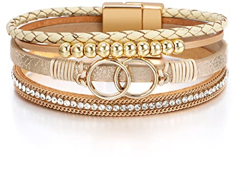 Leopard Bracelet for Women, Boho Leather Wrap Multi-Layer Pearl Crystal Bracelet Bangle Jewelry (Double Circle(Khaki))
