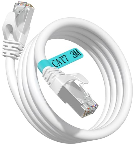 Soibke Cable Ethernet 3m, Cable de Red Cat 7 Blindado S/FTP Gigabit Cables RJ45 24AWG Cables LAN Blanco Cabl Red 3 Metros 10Gbit/s 600MHz Alta Velocidad Para Moedm