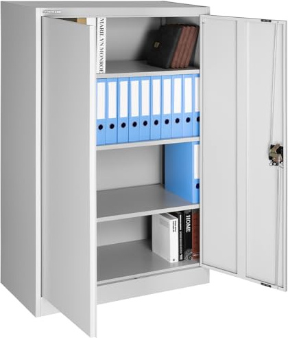Armadio in Metallo da Ufficio 2 ante con Serratura, Armadietto con Chiavi Grigio Multiuso, Ideale Garage, Lavoro, Mobile Archiviazione Faldoni, Archivio Studio Porta documenti (90 x 40 x 140 cm)