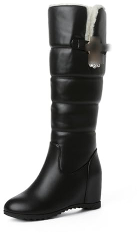 LeaHy Women's Winter Boots Ladies Fashion Warm Fur Lined Snow Boots Platforms Wedge Side Zip Mid Calf Boots,Black,4 UK