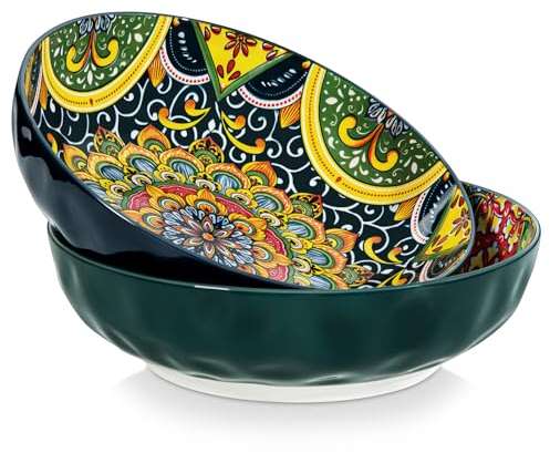 Vancasso SIMI 78 oz Salad Bowl Set of 2, Large Porcelain Serving Bowls, Microwave & Dishwasher Safe Mixing Bowl for Pasta, Soup, Kitchen and Dinner, Deep Blue and Green