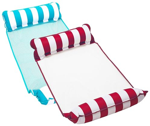 Aqua 4-in-1 Monterey Hammock Pool Float & Water Hammock, Multi-Purpose, Inflatable Pool Floats for Adults, Patented Thick, Non-Stick PVC Material, One Light Blue & One Burgundy/White Stripe, 2-Pack