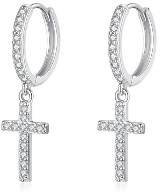 Loutade Orecchini da donna in argento 925, Sterling, con ciondolo a goccia d'acqua/croce/rettangolo, ipoallergenici CZ, orecchini a cerchio leggeri, con confezione regalo