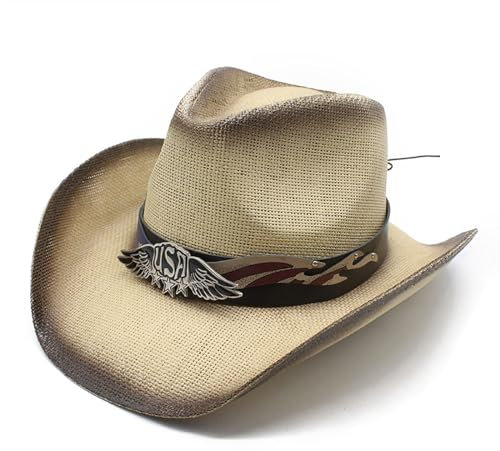 TOWARDSNAN Chapeau de cowboy, chapeau panama en paille occidentale à large bord pour femme homme tenue décontractée western paille homme femme unisexe, Marron riz, Taille unique