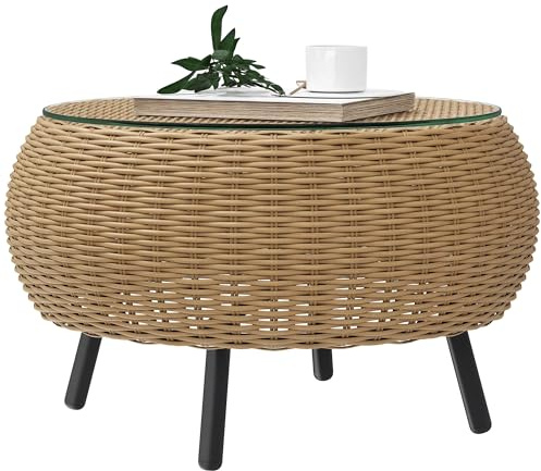 Outsunny Beistelltisch aus Polyrattan runder Kaffeetisch Couchtisch mit Glas Tischplatte Balkontisch Gartentisch Sofatisch Teetisch Rattantisch für Garten Terrasse Balkon, Ø75 x 42 cm Braun