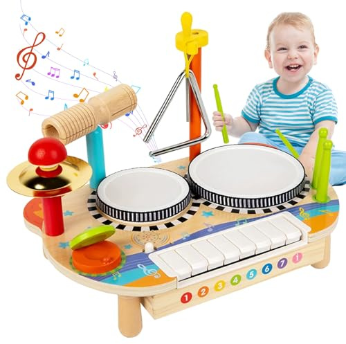 Polegas Kids Drum Kit, Wooden Toys Musical Instruments for Toddlers, 8 in 1 Baby Drum Set with Xylophone for Kids, Musical Baby Toys Birthday Gifts for Children Boys and Girls