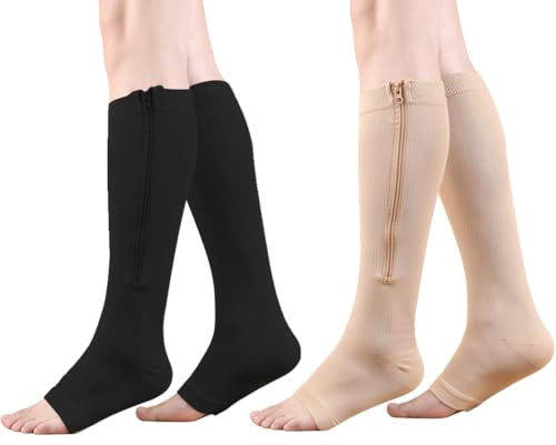 HYCOPROT Calze Compressione Graduata per Donne e Uomo 2 Paia con Cerniera 15-20 mmHg Punta Aperta Anti-Trombo Vene Varicose Corsa Infermieri e Gravidanza