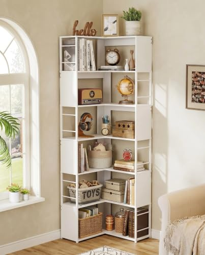 Quikraen 7-tier Corner Bookshelf, Tall L-Shaped Bookcase，White | Freestanding Corner Bookcase，Open-plan display Cabinets，74-inch Bookshelf，Storage for Bedroom, Living Room