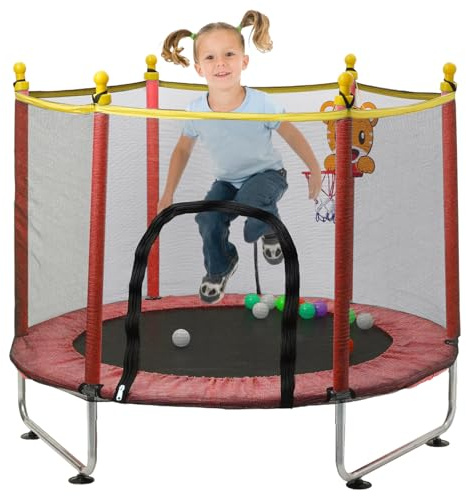 Cama Elástica Infantil 140cm, Trampolim Criança Exterior con Red de Seguridad, Camas Elastica Interior con Canasta de Baloncesto, Trampolines para Niños 2 3 Años (Rojo)