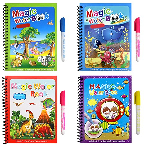 Larfraecy 4 Pack Water Magic Colouring Books Magic Painting Book with Water Pens for Toddlers Kids 3 4 5 6 7 Year Old Boys Girls,Reusable Colouring Book, Animal Themes, Mess Free Educational Toy