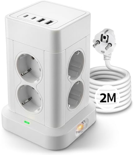 Aigostar Torre Regleta Enchufes Vertical 8 Tomas, Alargador 2M, 2 USB C + 2 USB A, Regreltas Vertical con Interruptor, Protección Sobretensiones, 3680W – Blanco para Casa Oficina Dormitorio