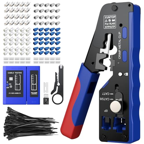XUNTOP Pinza Crimpatrice RJ45 CAT7 Professionale, Kit Completo con Tester per Connettori CAT7/CAT6, Pinza Crimpatrice Cavi Ethernet con 50 Connettori Schermati per Rete Casa, Ufficio e Gaming