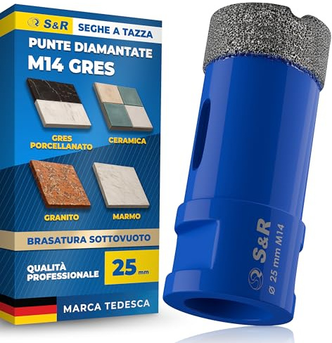 S&R Broca de diamante profesional para azulejos de 25 mm, sierra perforadora para azulejos M14, broca de diamante para azulejos, corona de perforación soldada al vacío, amoladora angular para cerámica