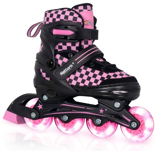 Nattork Adjustable Inline Skates for Kids Teens, Illuminating Wheels Blades Roller Skates with Checkerboard Design for Boys Girls Pink Size 5 6 7 8