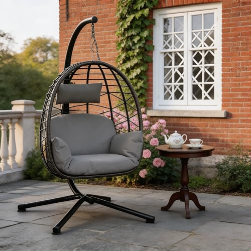 Outdoor Hanging Egg Chair with Stand, Rattan Swing Seat with Steel Frame for Garden Patio Balcony, 150kg Capacity Indoor Outdoor Use, Includes Weatherproof Cover & Washable Cushions for Comfortable Se