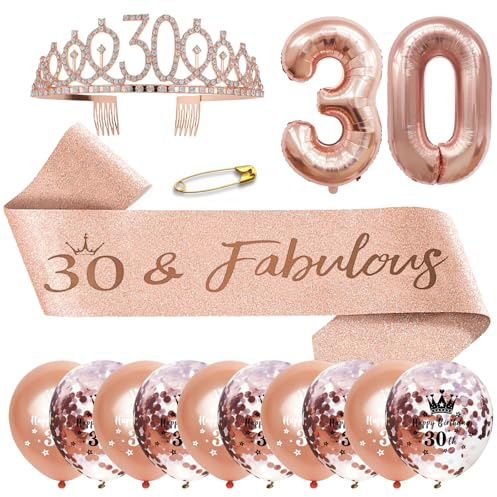 30 Anni Compleanno Decorazione Regalo di Festa per Donna, Fascia Compleanno Donna Corona Compleanno Personalizzata,Palloncini,Idee Regalo e Decorazione per Donna, 30 anni compleanno donna